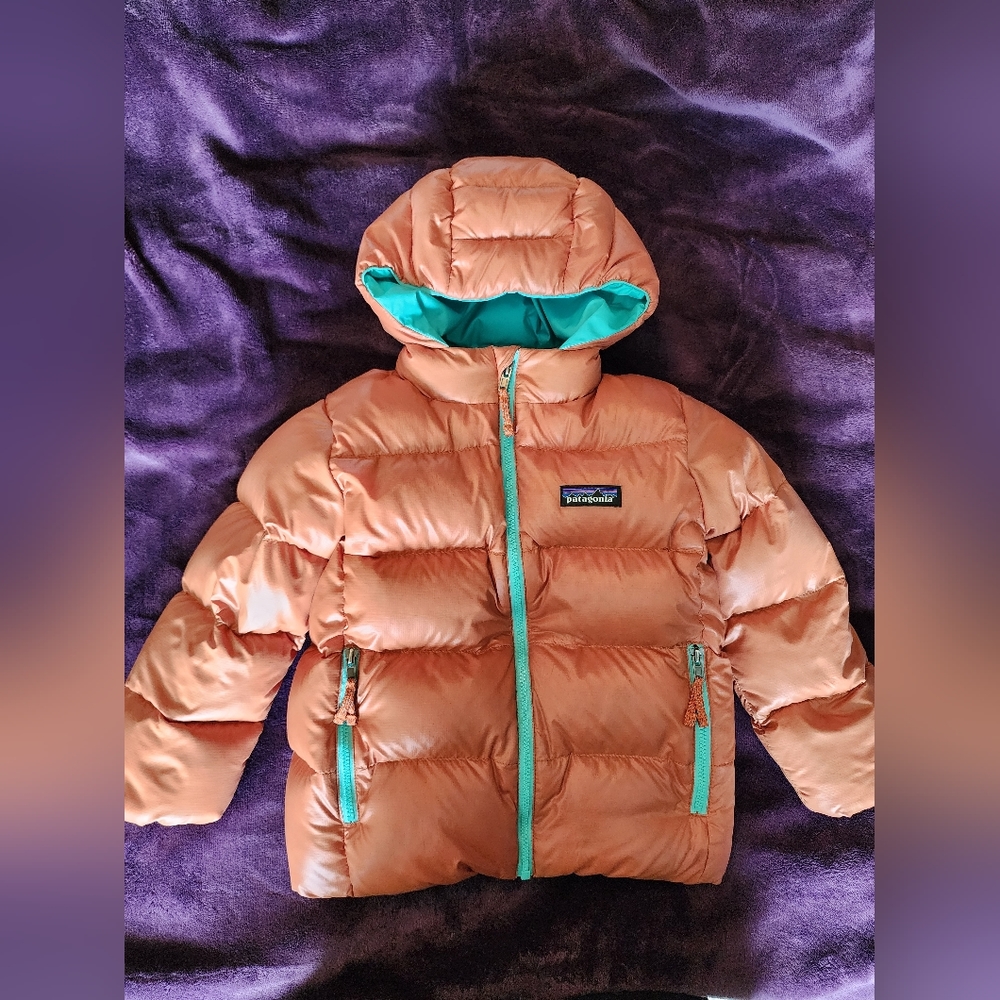 Patagonia 4T Hi-Loft Down Sweater Hoody Puffer Coat Jacket Orange Teal
